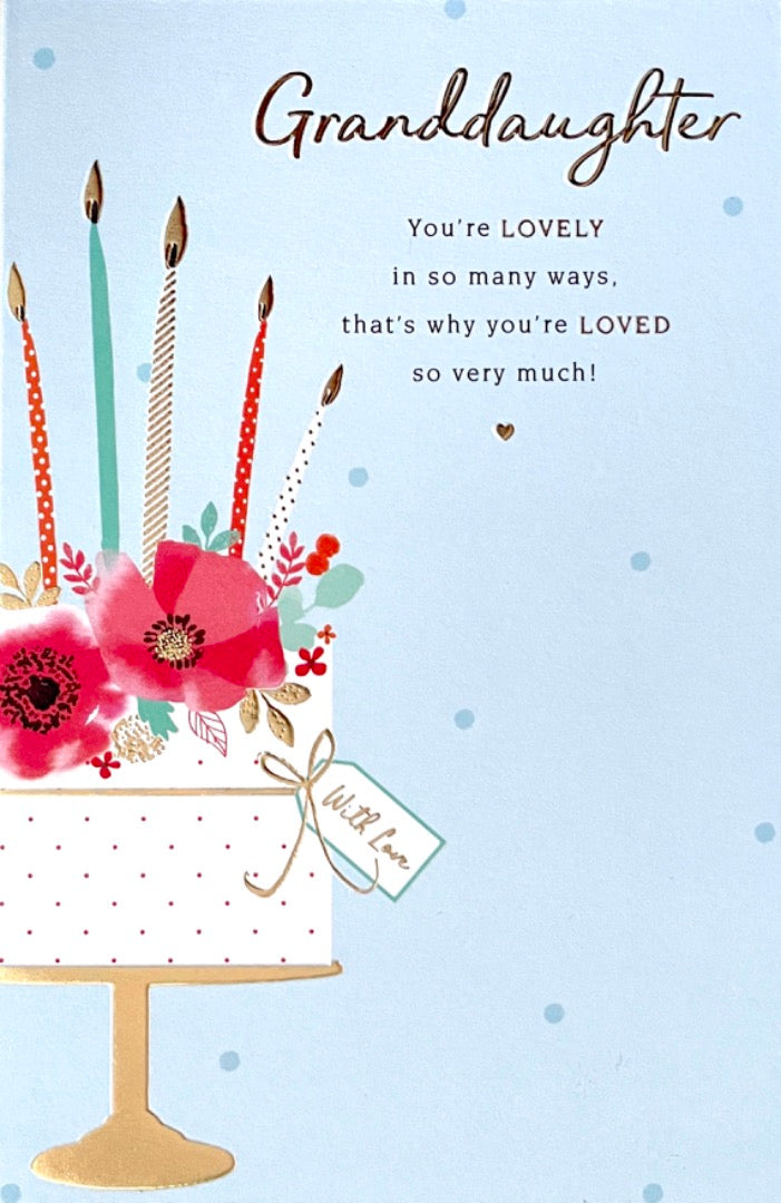 Granddaughter Wonderful Birthday Card with Love Floral Cake and Candles Gold Foil