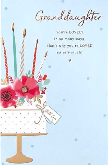 Granddaughter Wonderful Birthday Card with Love Floral Cake and Candles Gold Foil