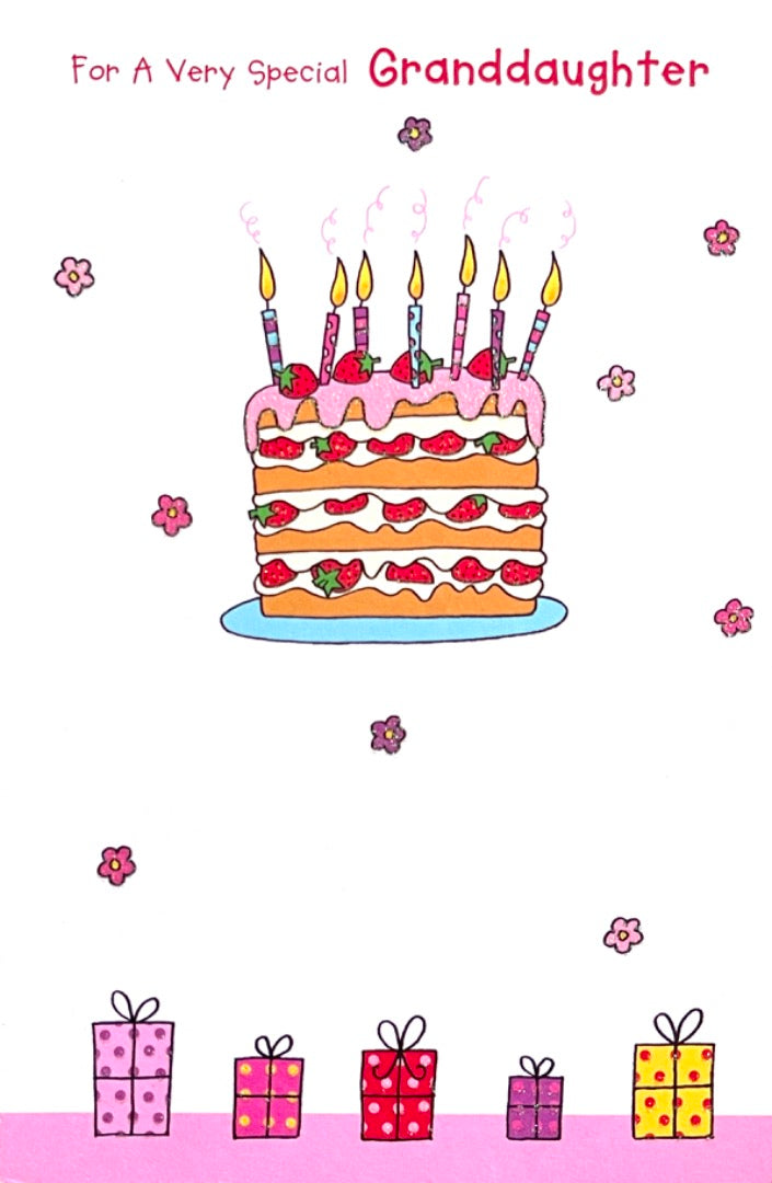 Very Special Granddaughter Birthday Card Strawberry Cake Candles Gifts Glitter Art