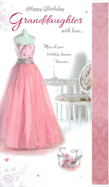 Granddaughter Lovely Birthday Card Beautiful Pink Glitter Gown Dress and Shoes Art