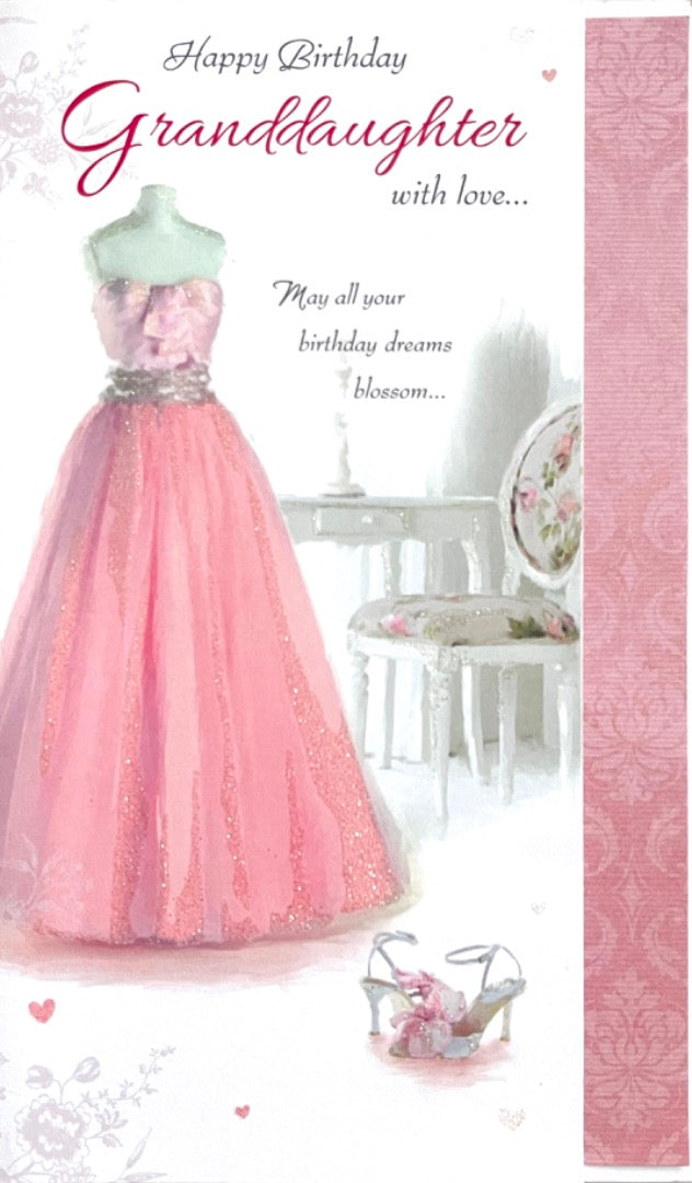 Granddaughter Lovely Birthday Card Beautiful Pink Glitter Gown Dress and Shoes Art
