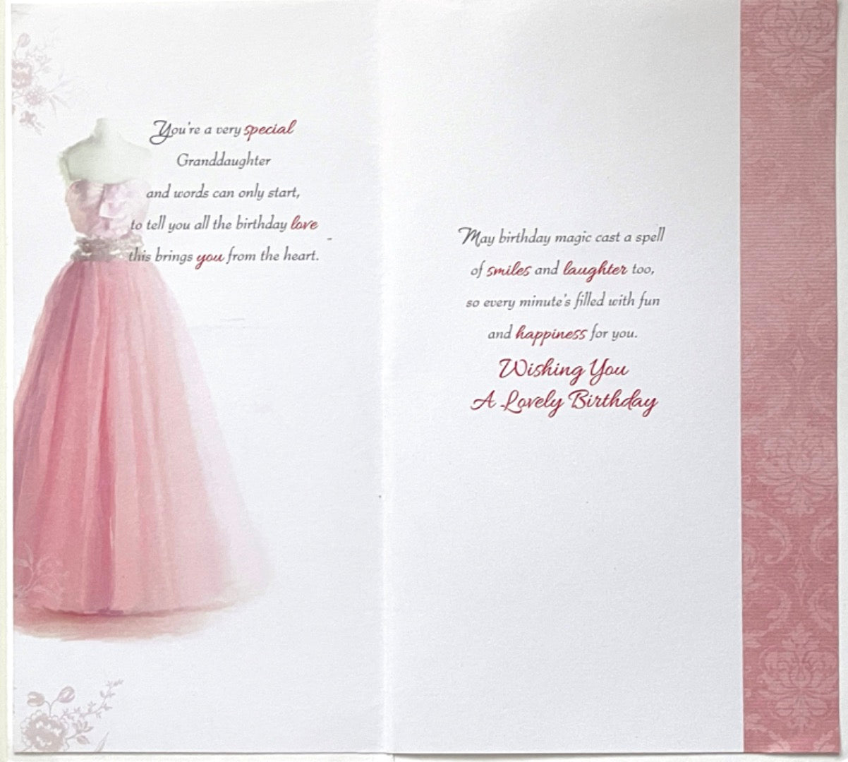Granddaughter Lovely Birthday Card Beautiful Pink Glitter Gown Dress and Shoes Art