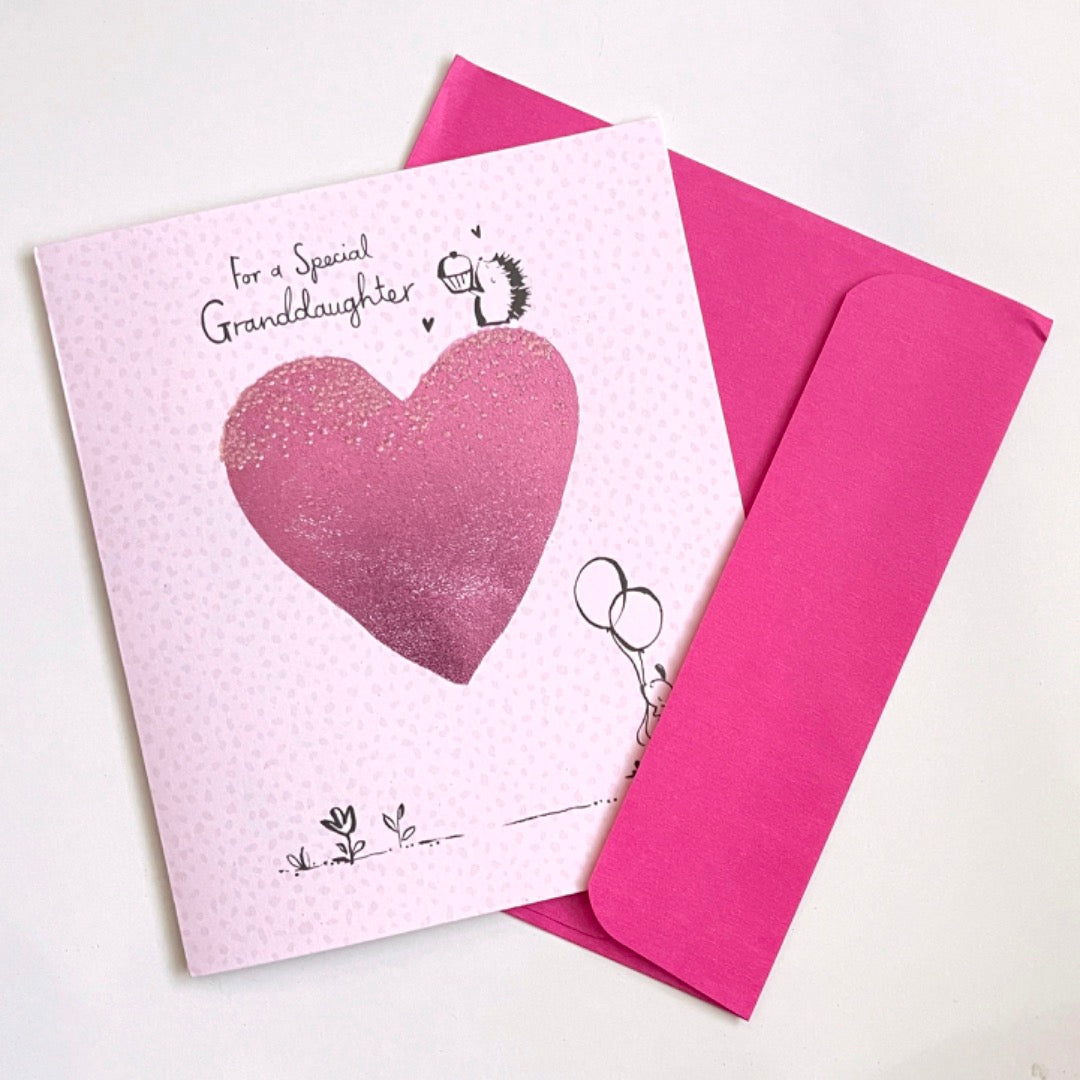 Special Granddaughter Birthday Card Pink Love Heart Dog Balloons Cupcake Hedgehog