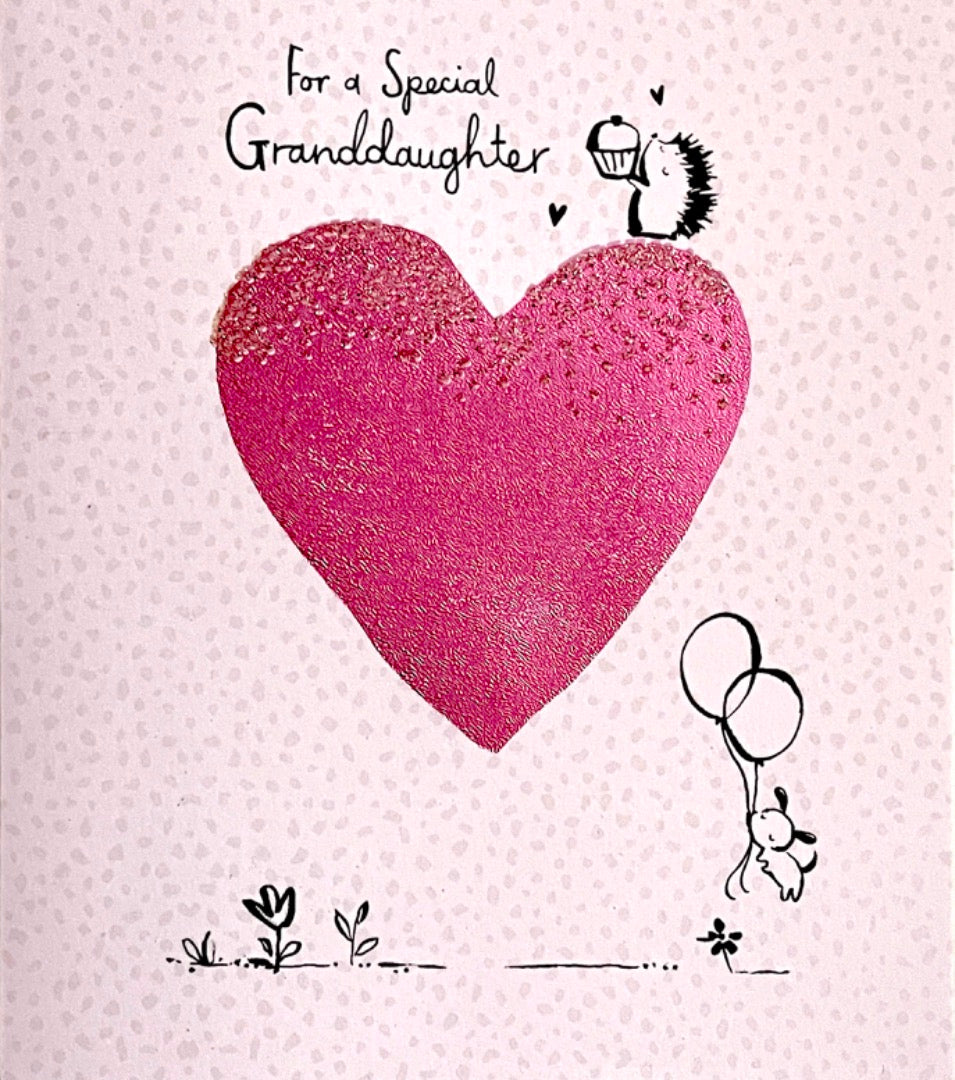 Special Granddaughter Birthday Card Pink Love Heart Dog Balloons Cupcake Hedgehog
