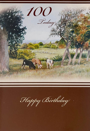 100th Birthday Congratulations Card Cows Sheep in Pasture Art  Milestone Age 100
