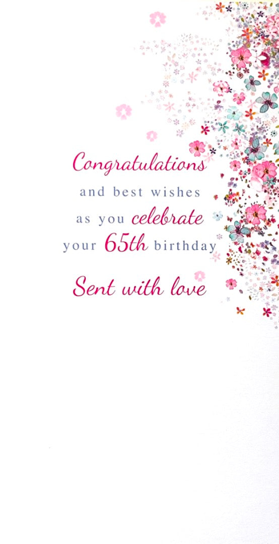 Happy 65th Birthday Card with Love Congratulations Flowers Butterflies Glitter Art