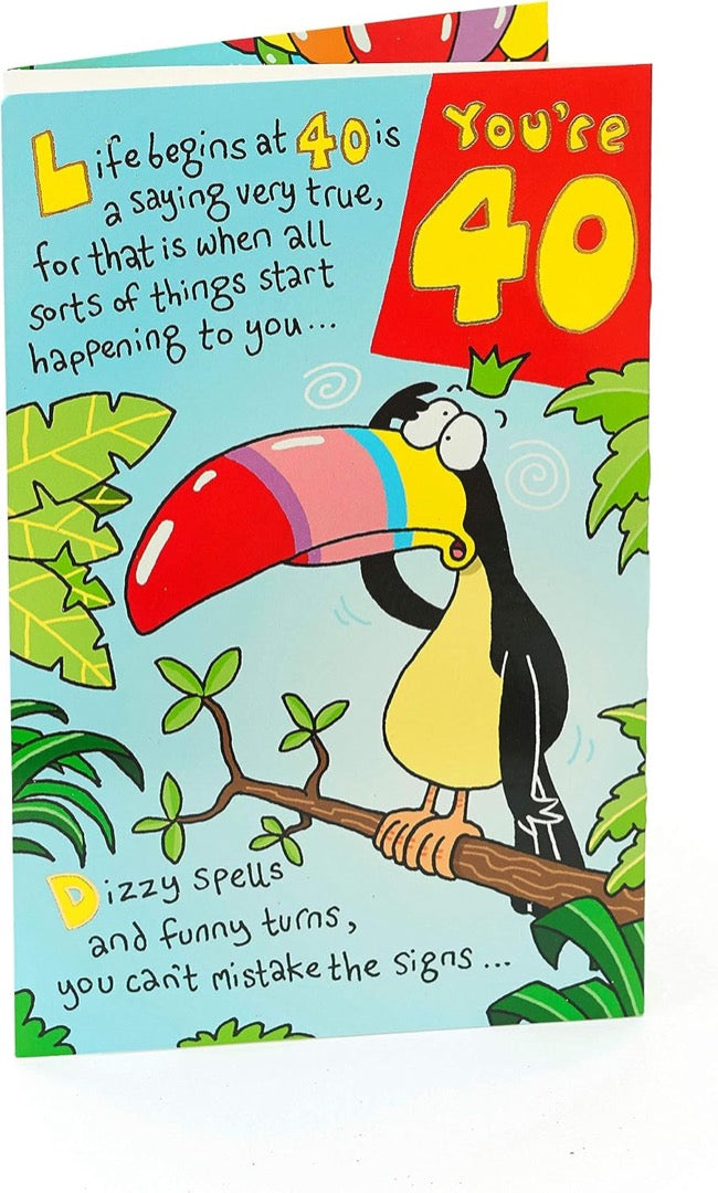 Life Begins at 40 Happy Birthday Card 40th Funny Humour Toucan Grey Hair Aches Pains
