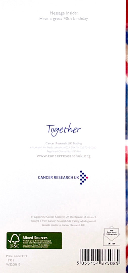 Happy 40th Birthday Card Union Jack Flag Art Together - Cancer Research UK - Age 40