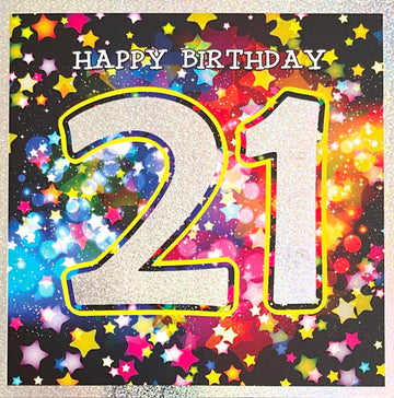21st Happy Birthday Card Colourful Stars Silver Hologram Foil Art Milestone Age 21