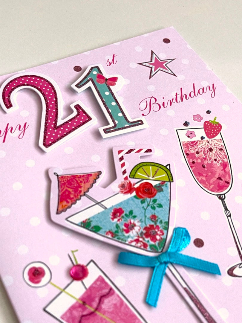 Happy 21st Birthday Congratulations 3D Hand-finished Embellishment Cocktails Age 21