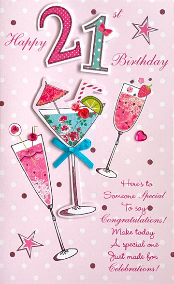 Happy 21st Birthday Congratulations 3D Hand-finished Embellishment Cocktails Age 21