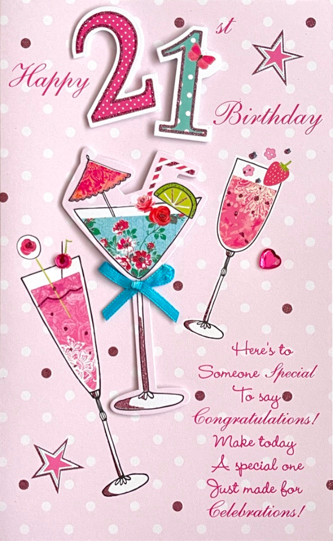 Happy 21st Birthday Congratulations 3D Hand-finished Embellishment Cocktails Age 21