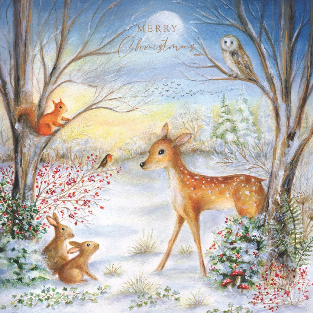 Cute Deer and Woodland Animals Charity Christmas Cards Pack of 5 - Foil Finish - Festive Christmas Cards Multipack - In Aid of Rainbow Trust