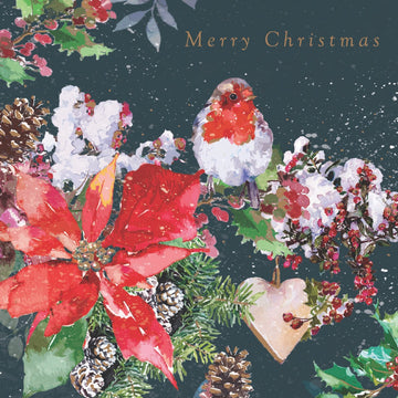 Robin and Winter Foliage Snowy Scene Charity Christmas Cards Pack of 5 - Foil Finish - Festive Christmas Cards Multipack - In Aid of Rainbow Trust