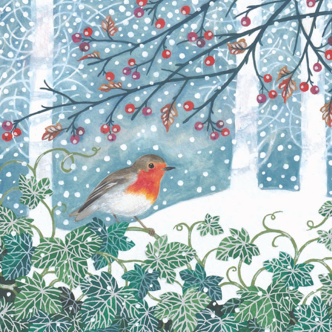 Robin, Ivy and Winter Berries - Foil Finish Charity Christmas Cards Pack of 5 - Festive Christmas Cards Multipack - In Aid of Rainbow Trust