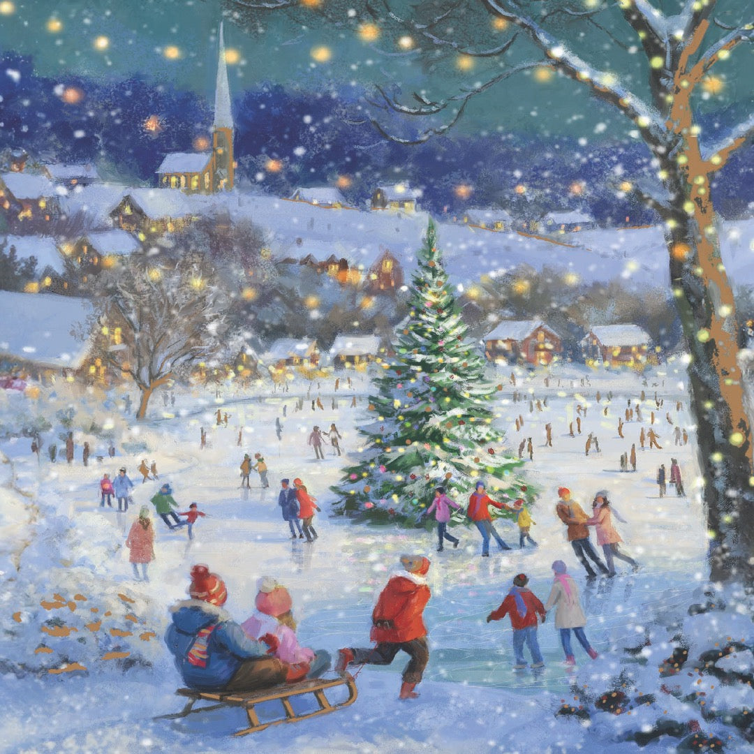 Traditional Ice Skating Pond Scene - Foil Finish Charity Christmas Cards Pack of 5 - Festive Christmas Cards Multipack - In Aid of Rainbow Trust