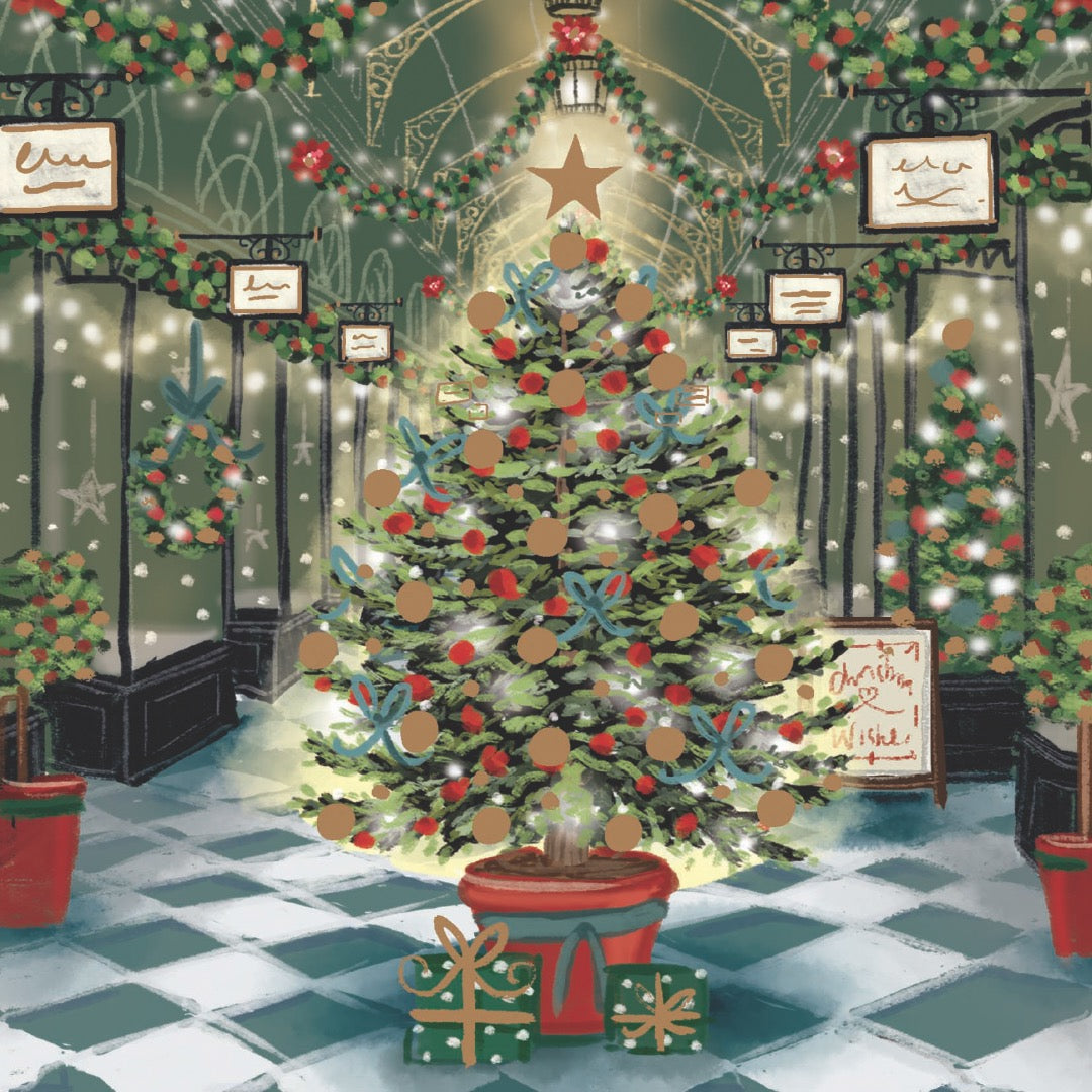 Festive Tree in Shopping Arcade - Foil Finished Charity Christmas Cards Pack of 5 - Festive Christmas Cards Multipack - In Aid of Rainbow Trust