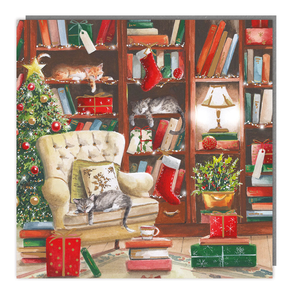 Cosy Home and Sleeping Cats Charity Christmas Cards Pack of 5 - Foil Finished - Festive Christmas Cards Multipack - In Aid of Rainbow Trust