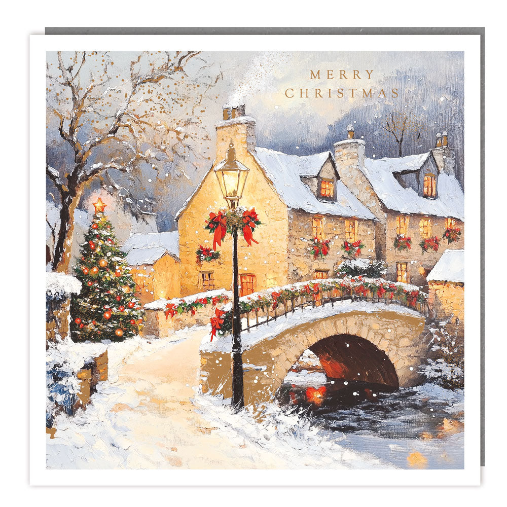 Snowy Village & Bridge Charity Christmas Cards Pack of 5, Foil Finished, Supports Rainbow Trust