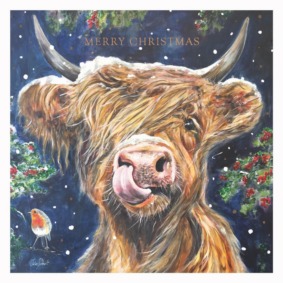 Festive Highland Cow and Robin Pack of 5 Charity Christmas Cards - Eco-Friendly Multipack with Envelopes