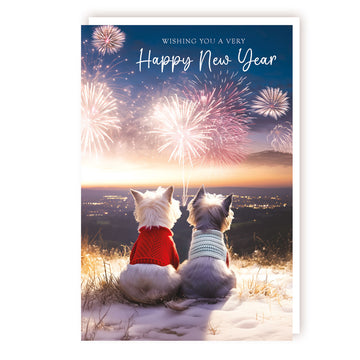 Westie Dogs Watching Fireworks - Eco-Friendly Happy New Year Greeting Card