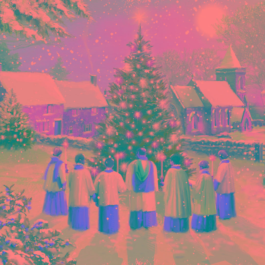 Carol Singing around Xmas Tree Traditional Vintage Art 6 Charity Christmas Cards - Premium Board - Eco-Friendly By Ling Design