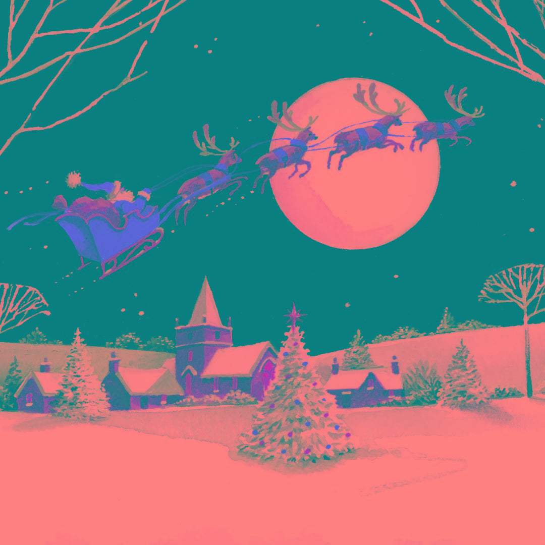 Flying Santa Sleigh Traditional Vintage Art - Pack of 6 Charity Christmas Cards - Premium Board - Eco-Friendly by Ling Design