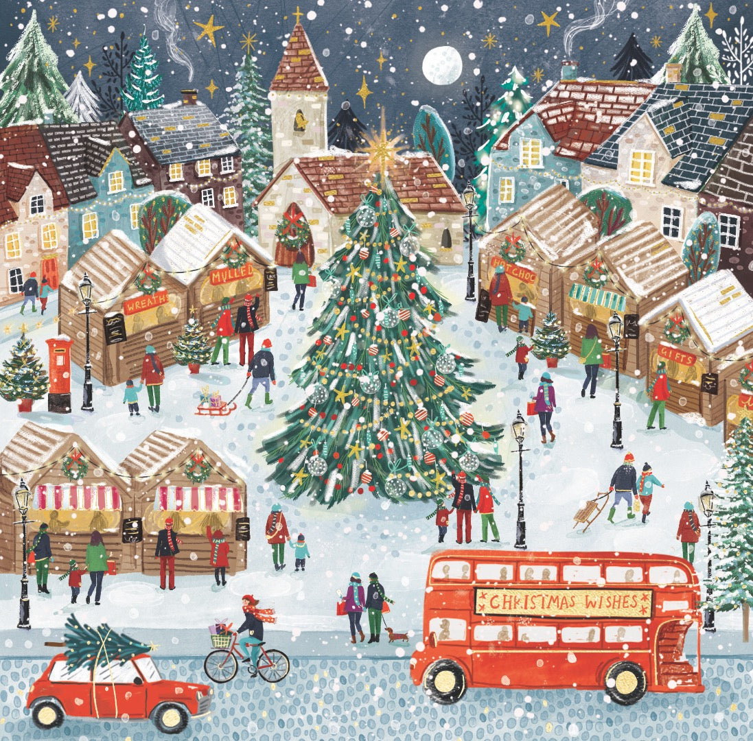 London Christmas Shopping - Festive Arts & Crafts Pack of 8 Christmas Cards in 2 Designs - 16 x 16cm - Gold Embossed - Great British Card Company