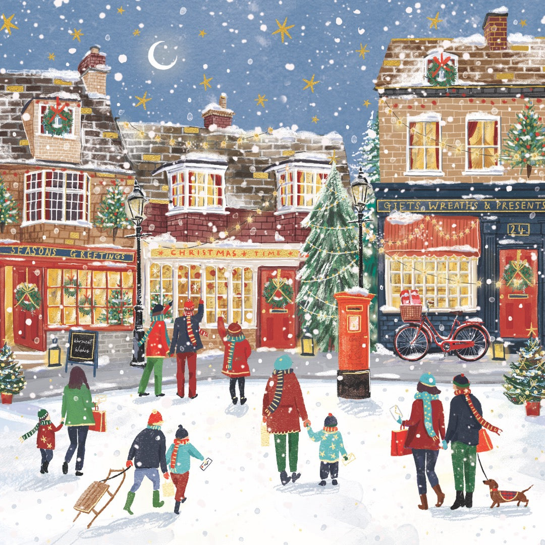London Christmas Shopping - Festive Arts & Crafts Pack of 8 Christmas Cards in 2 Designs - 16 x 16cm - Gold Embossed - Great British Card Company
