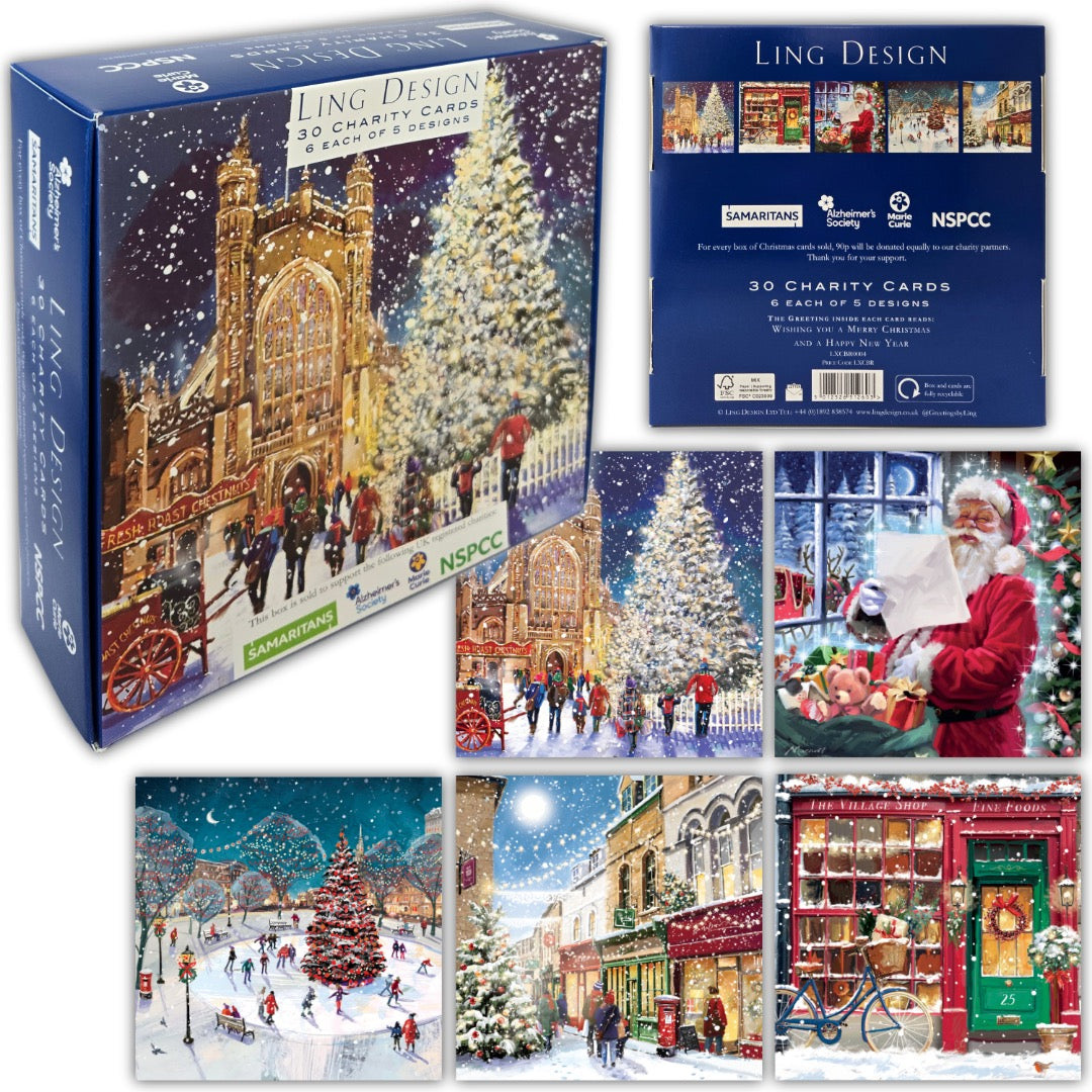 Festive Xmas Scenes Premium Bumper Box of 30 CHARITY Christmas Cards in 5 Designs by Great British Card Company