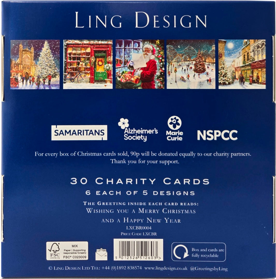 Festive Xmas Scenes Premium Bumper Box of 30 CHARITY Christmas Cards in 5 Designs by Great British Card Company