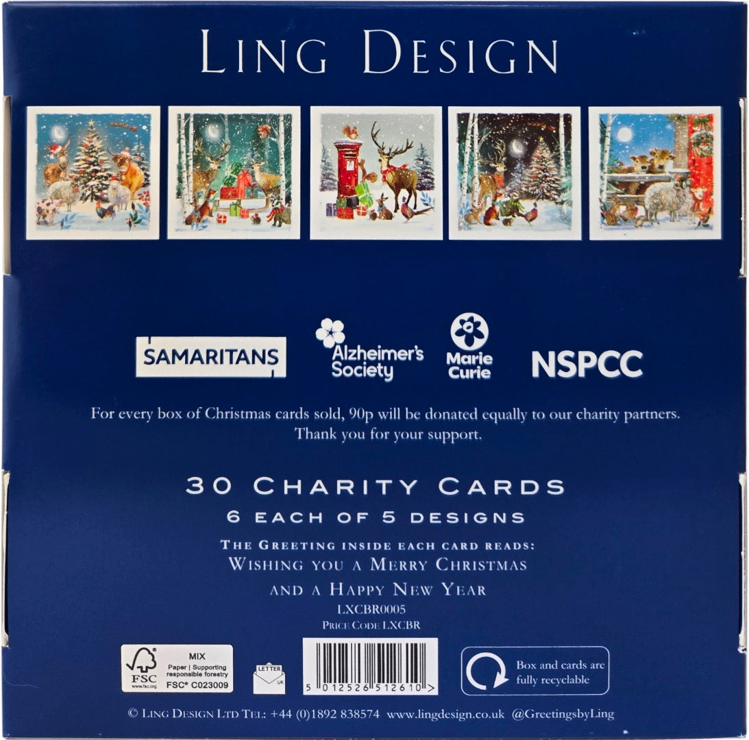Festive Wildlife Premium Bumper Box of 30 CHARITY Christmas Cards in 6 Designs - 16 x 16cm - Gloss Finish - Great British Card Company