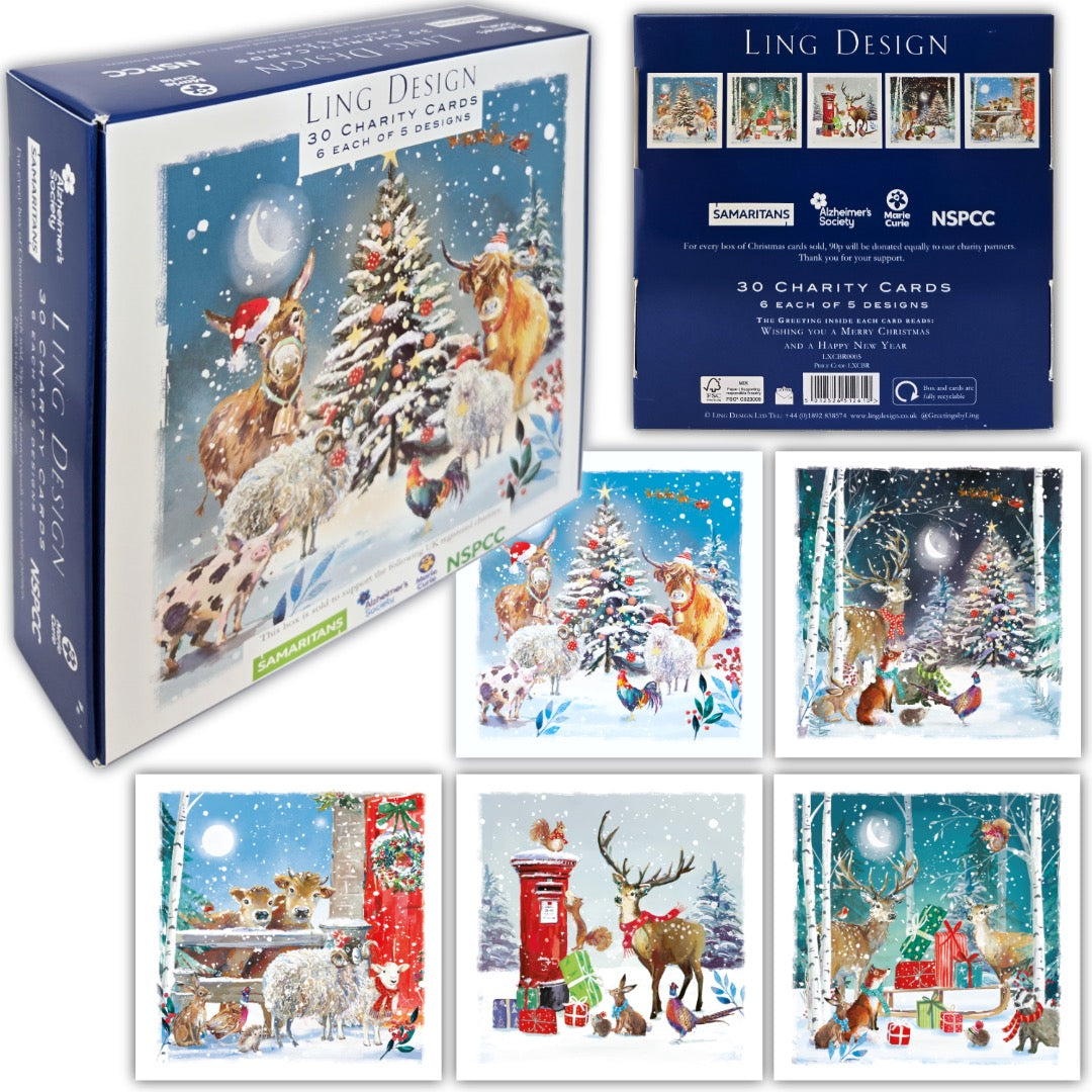 Festive Wildlife Premium Bumper Box of 30 CHARITY Christmas Cards in 6 Designs - 16 x 16cm - Gloss Finish - Great British Card Company