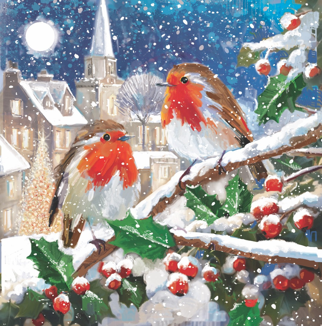 Red Breast Robins Festive Art Deluxe Box of 12 Christmas & New Year Cards - 135 x 135mm (5.5x5.5in) - Gloss Finish on Premium Board - Great British Card Company