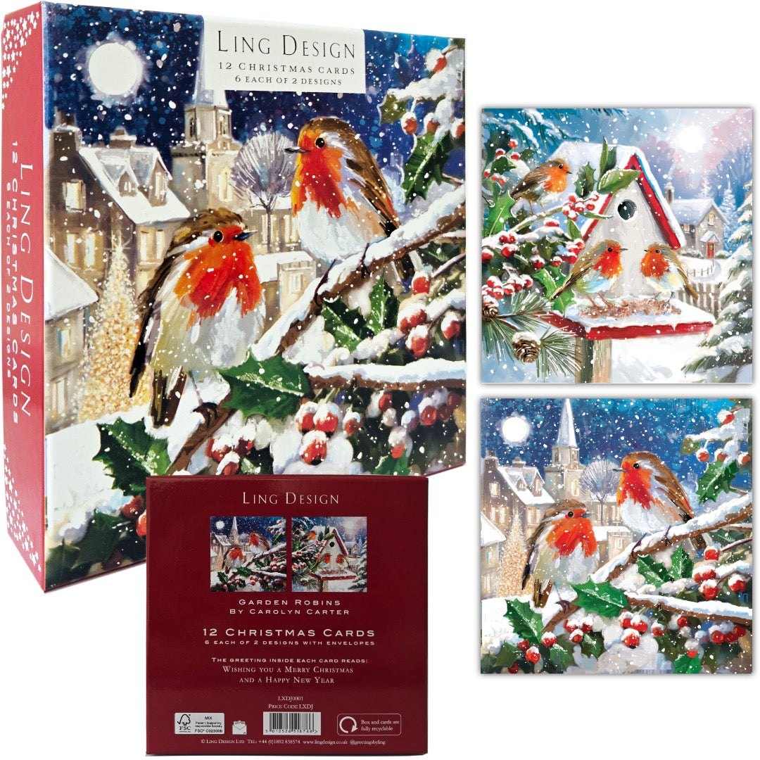 Red Breast Robins Festive Art Deluxe Box of 12 Christmas & New Year Cards - 135 x 135mm (5.5x5.5in) - Gloss Finish on Premium Board - Great British Card Company