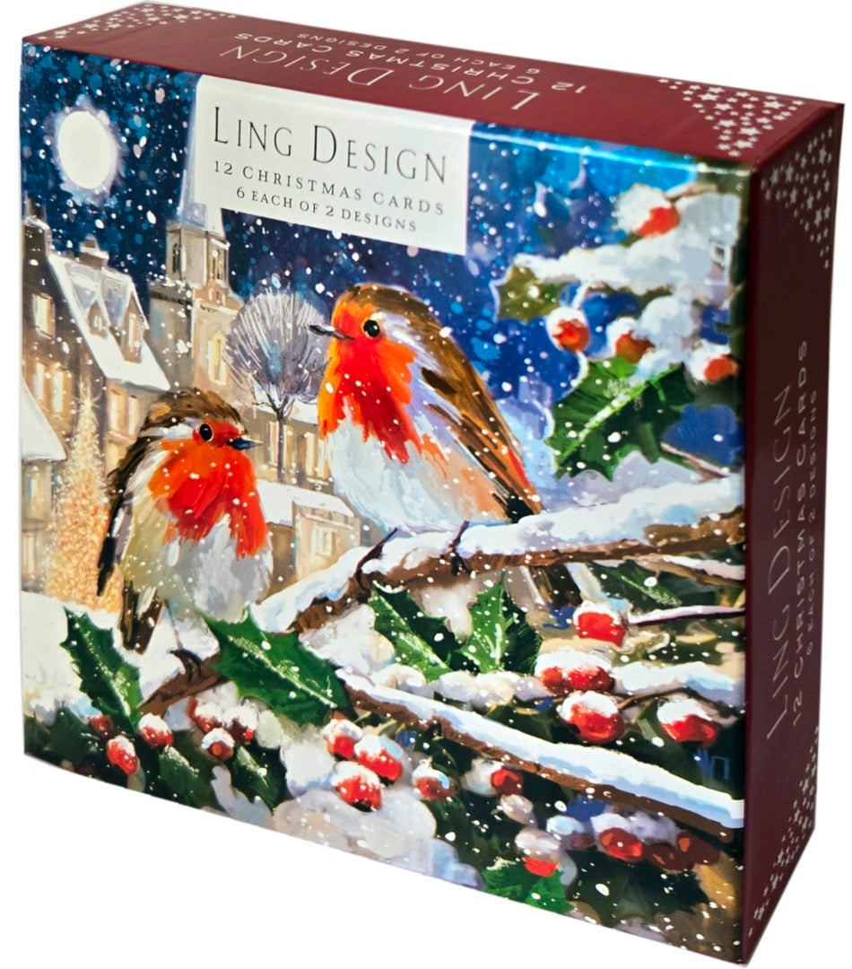 Red Breast Robins Festive Art Deluxe Box of 12 Christmas & New Year Cards - 135 x 135mm (5.5x5.5in) - Gloss Finish on Premium Board - Great British Card Company
