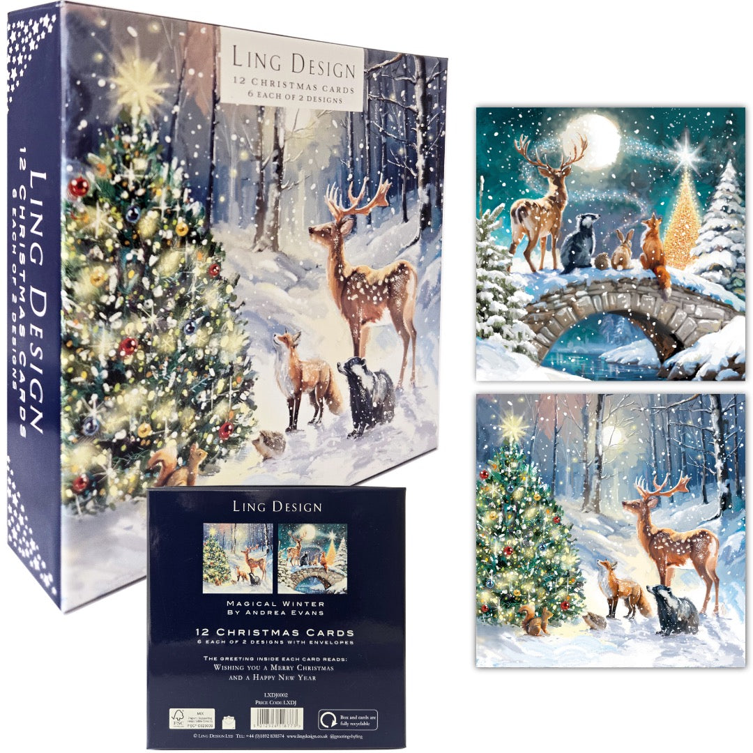 Magical Winter Forest Festive Art Deluxe Box of 12 Christmas & New Year Cards - 135 x 135mm (5.5x5.5in) - Gloss Finish on Premium Board by Ling Design