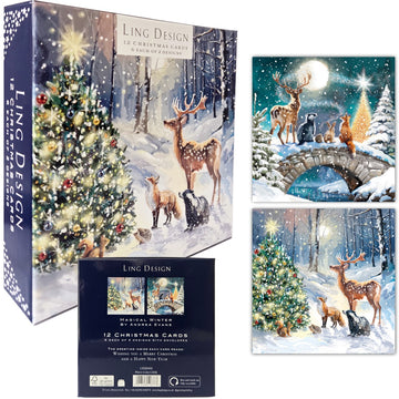 Magical Winter Forest Festive Art Deluxe Box of 12 Christmas & New Year Cards - 135 x 135mm (5.5x5.5in) - Gloss Finish on Premium Board by Ling Design