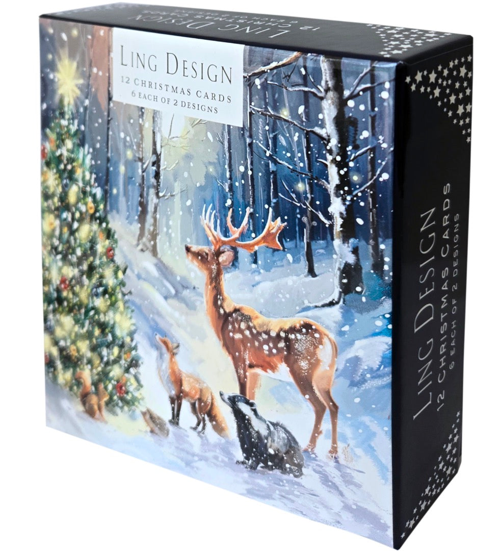 Magical Winter Forest Festive Art Deluxe Box of 12 Christmas & New Year Cards - 135 x 135mm (5.5x5.5in) - Gloss Finish on Premium Board by Ling Design