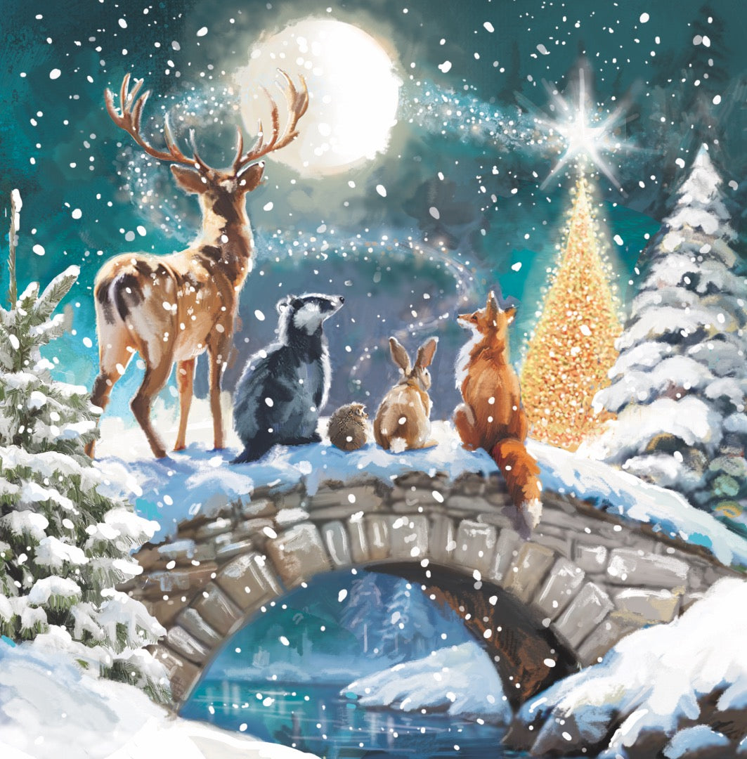 Magical Winter Forest Festive Art Deluxe Box of 12 Christmas & New Year Cards - 135 x 135mm (5.5x5.5in) - Gloss Finish on Premium Board by Ling Design