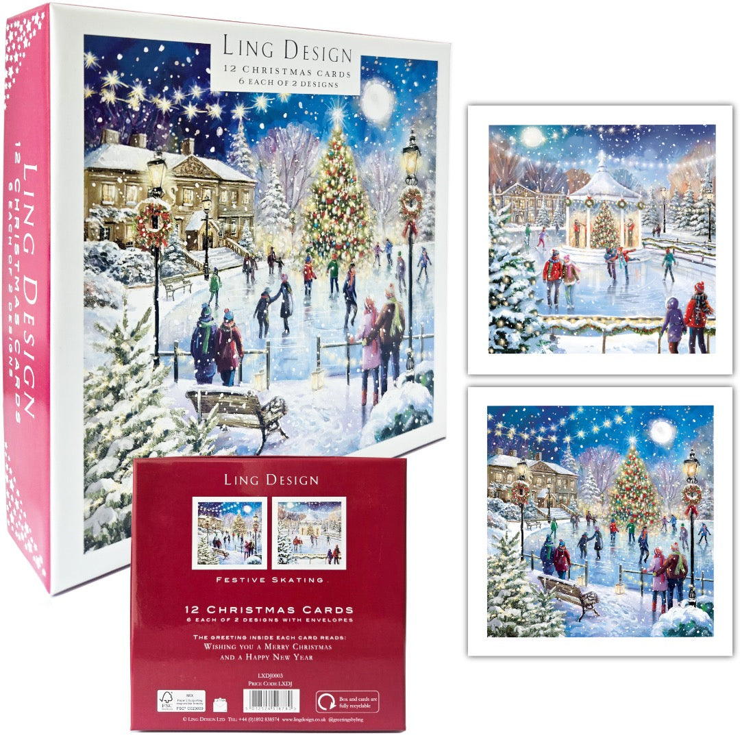 Skating on Xmas Eve - Festive Art Deluxe Box of 12 Christmas & New Year Cards - 135 x 135mm (5.5x5.5in) - Gloss Finish on Premium Board y Ling Design