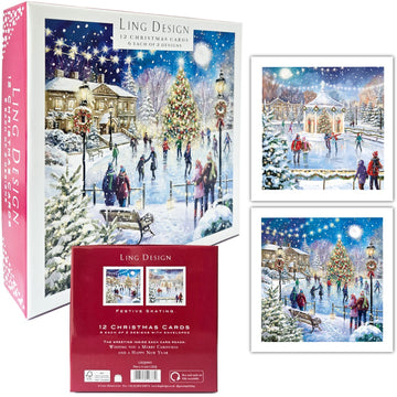 Skating on Xmas Eve - Festive Art Deluxe Box of 12 Christmas & New Year Cards - 135 x 135mm (5.5x5.5in) - Gloss Finish on Premium Board y Ling Design