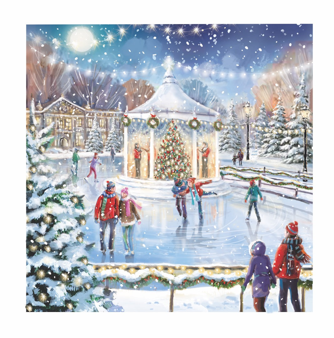 Skating on Xmas Eve - Festive Art Deluxe Box of 12 Christmas & New Year Cards - 135 x 135mm (5.5x5.5in) - Gloss Finish on Premium Board y Ling Design