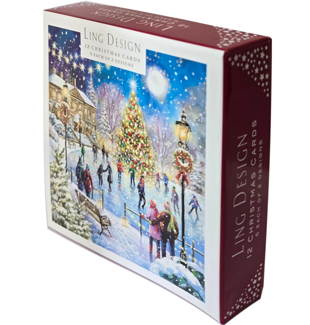 Skating on Xmas Eve - Festive Art Deluxe Box of 12 Christmas & New Year Cards - 135 x 135mm (5.5x5.5in) - Gloss Finish on Premium Board y Ling Design