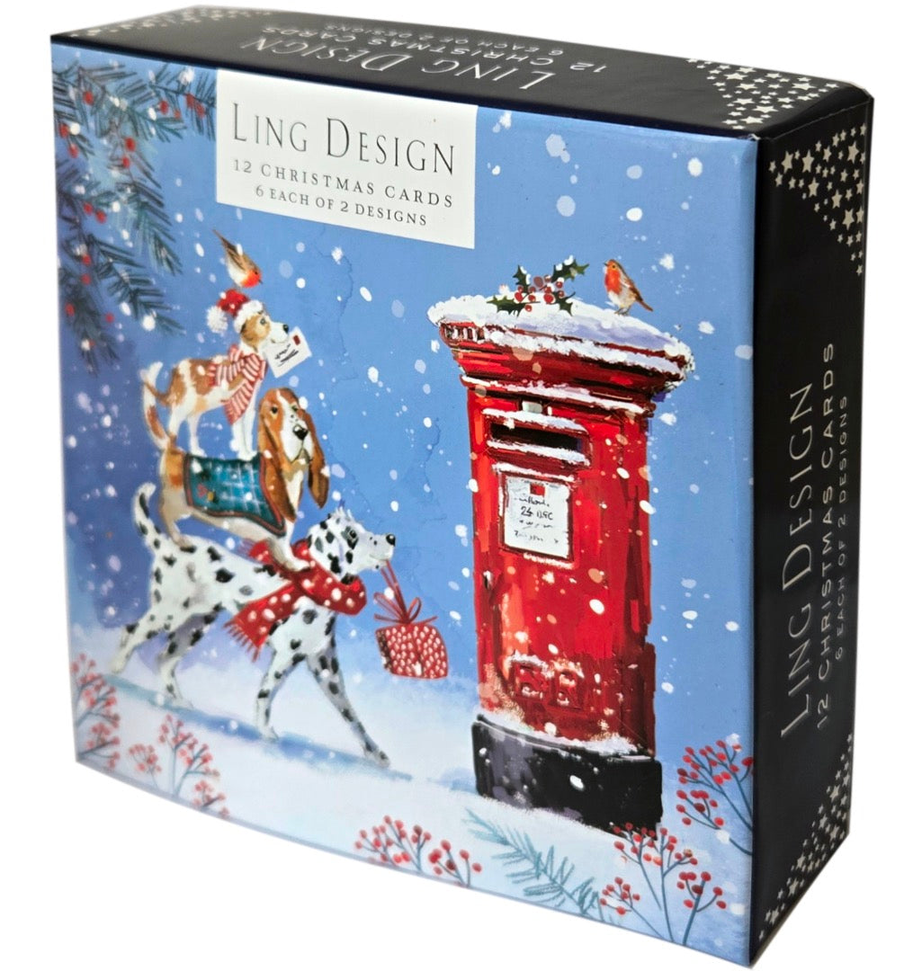 Festive Pet Dogs at Xmas - Deluxe Box of 12 Christmas & New Year Cards - 135 x 135mm (5.5x5.5in) - Gloss Finish on Premium Board by Ling Design