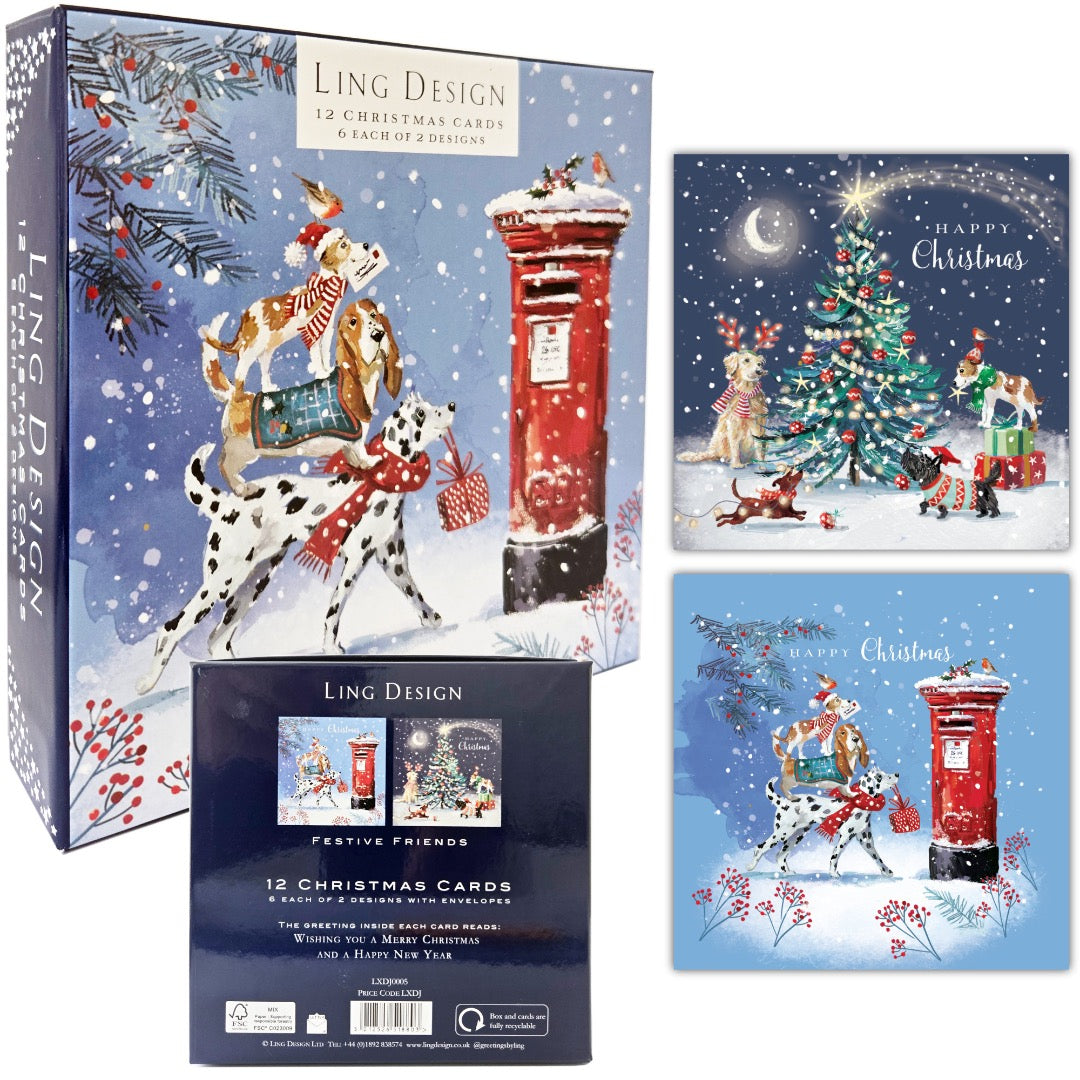 Festive Pet Dogs at Xmas - Deluxe Box of 12 Christmas & New Year Cards - 135 x 135mm (5.5x5.5in) - Gloss Finish on Premium Board by Ling Design