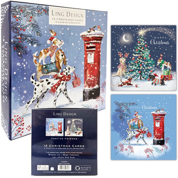 Festive Pet Dogs at Xmas - Deluxe Box of 12 Christmas & New Year Cards - 135 x 135mm (5.5x5.5in) - Gloss Finish on Premium Board by Ling Design