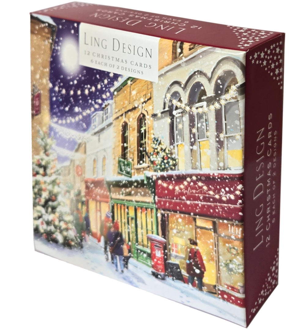 Festive Town Shopping Deluxe Box of 12 Christmas & New Year Cards - 135 x 135mm (5.5x5.5in) - Gloss Finish on Premium Board by Ling Design