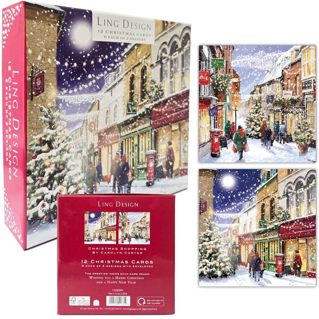 Festive Town Shopping Deluxe Box of 12 Christmas & New Year Cards - 135 x 135mm (5.5x5.5in) - Gloss Finish on Premium Board by Ling Design