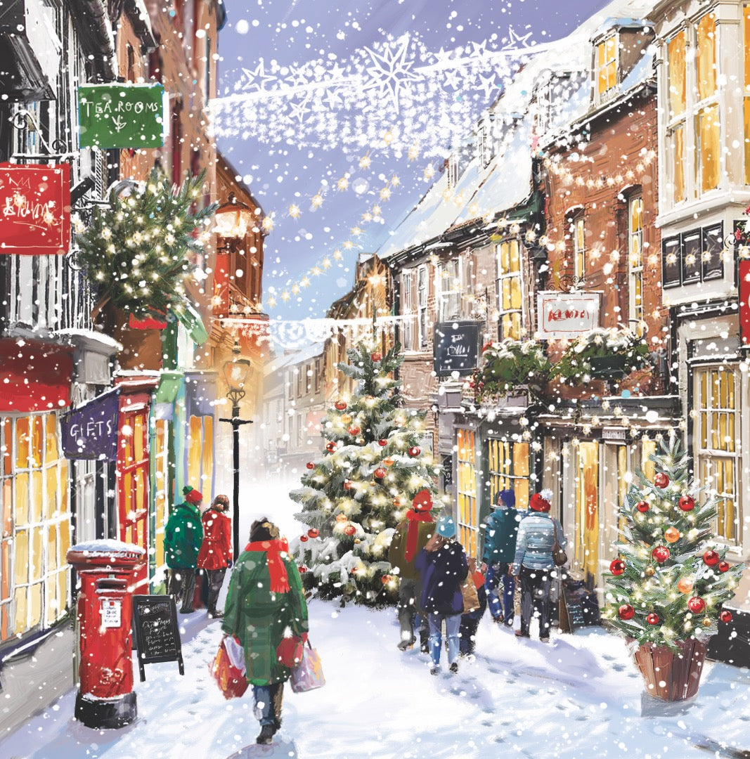 Festive Town Shopping Deluxe Box of 12 Christmas & New Year Cards - 135 x 135mm (5.5x5.5in) - Gloss Finish on Premium Board by Ling Design